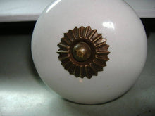 Load image into Gallery viewer, Antique Eastlake Victorian Cupboard Cabinet Door Knob Porcelain Stamped Brass 2&quot;
