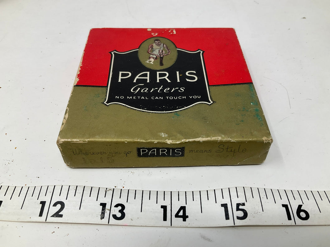 Antique Art Deco Advertising Box. Paris Garters for Men with Graphic Label.