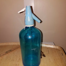 Load image into Gallery viewer, Antique Blue Seltzer Bottle Etched Glass Soda Syphon Czech JACOBSON&#39;S NJ
