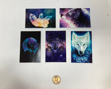 Load image into Gallery viewer, Lot of 5 Mystical Stickers. Handmade waterproof, tear proof, smudge proof, crystal and wolf stickers.
