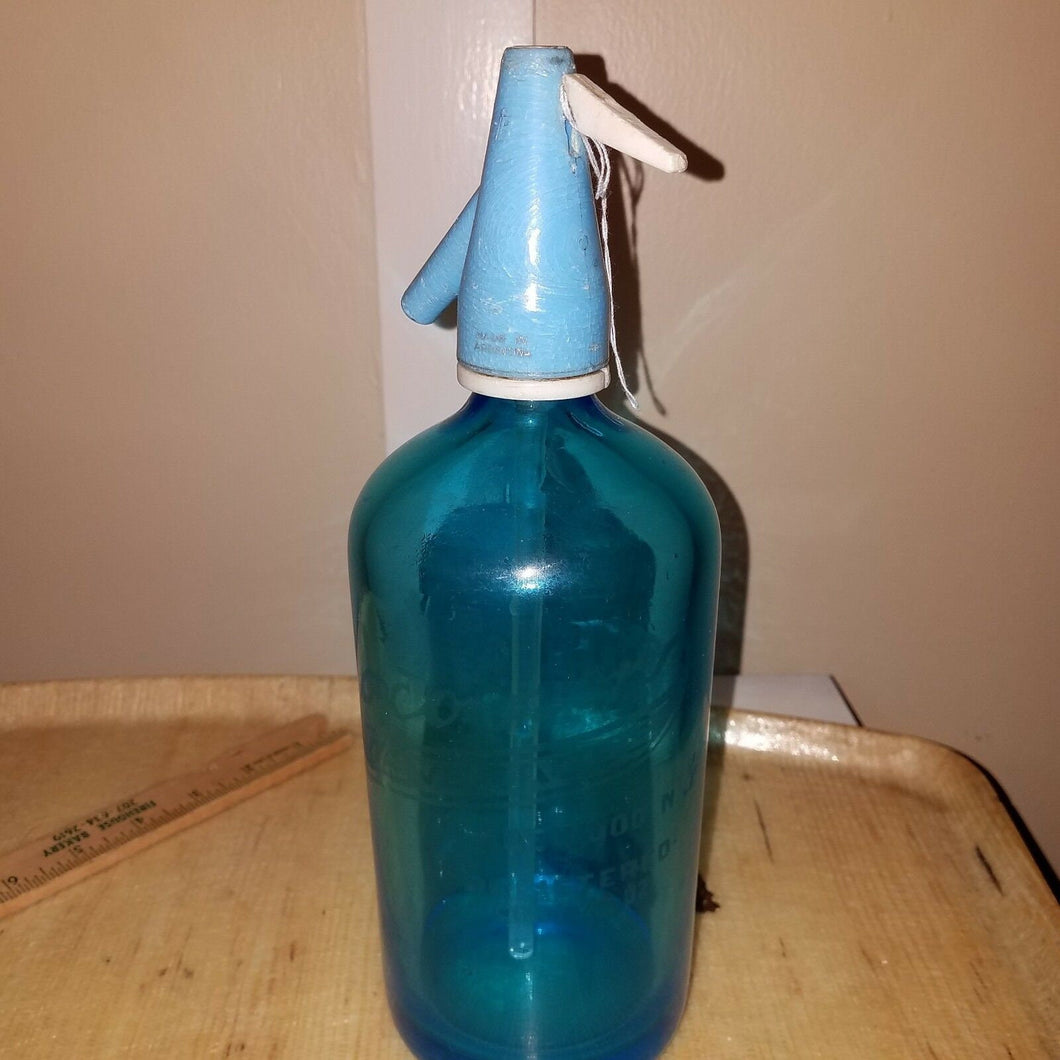 Antique Blue Seltzer Bottle Etched Glass Soda Syphon Czech JACOBSON'S NJ