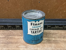 Load image into Gallery viewer, Antique Finast Spice Tin. Antique Round Spice Can with graphic paper label. Clipper Ship. MA advertising.
