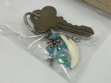Load image into Gallery viewer, Coyote Tooth Keychain. Handmade with Turquoise Beads and a Coyote Fang. Comes with Vintage Key.
